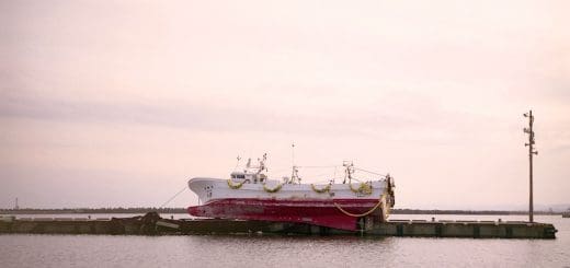 Fishing boat stranded on a pier after the Japan Tsunami of 2011